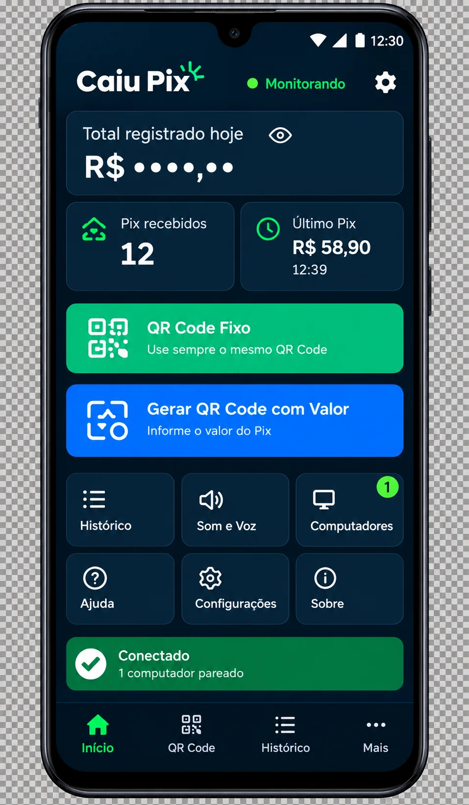 Aplicativo Android Caiu Pix com painel do dia e QR Code.